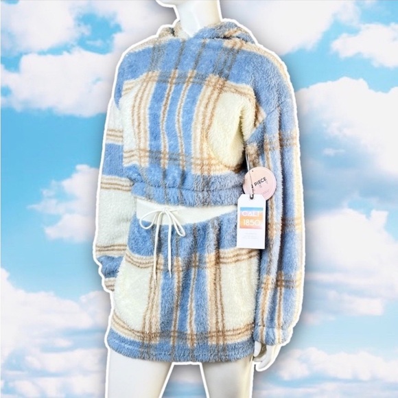 NWT CALI 1850 2 Piece Sherpa Plaid Fleece Matching Set Cropped Hoodie Mini Skirt - Picture 3 of 11